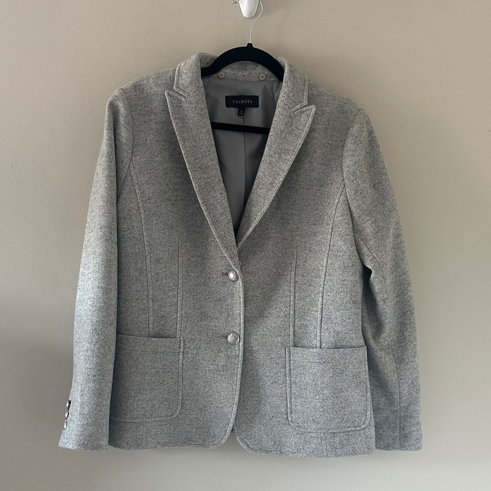 Talbots Women’s Shetland Blazer Jacket Light Gray Removable Faux Fur Trim Sz 12 - Picture 6 of 14